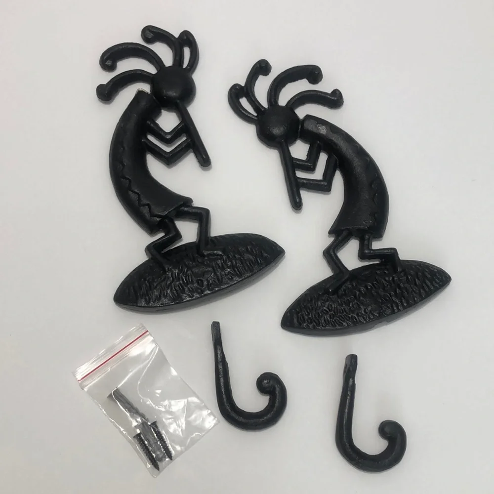 Kokopelli Set Of Two Black Cast Iron Wall Hangings With Coat Hooks